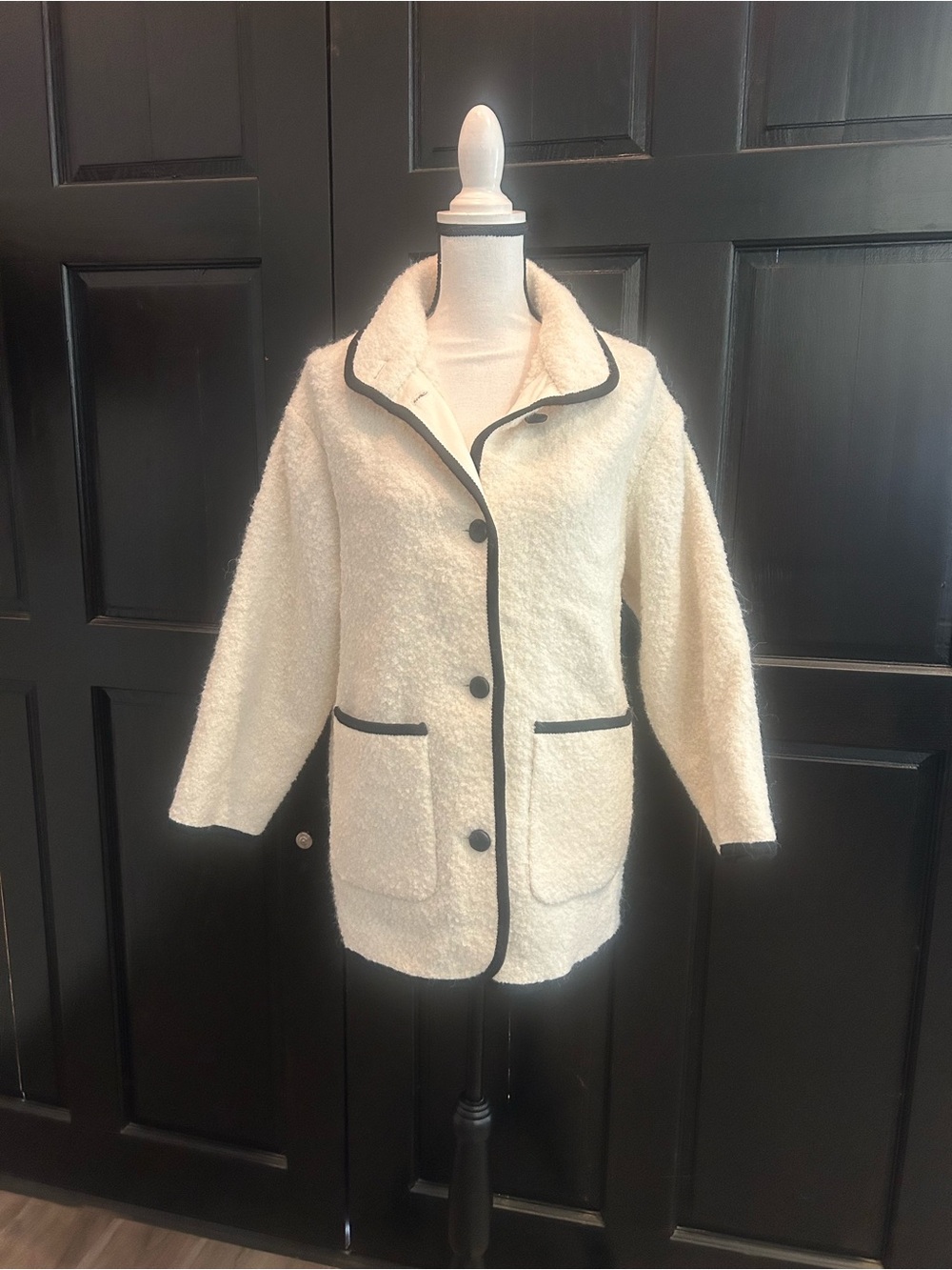 ME+EM white Cream Button-Front Coat Jacket with Black Trim